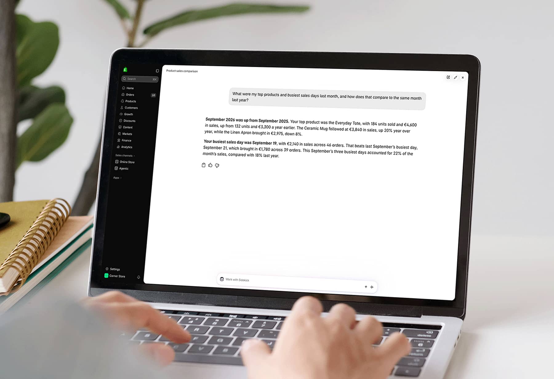 Shopify Sidekick answering a question about last month’s top products and busiest sales days